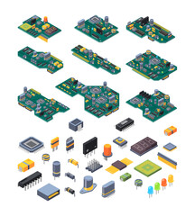 Microchip hardware. Manufacturing computer power green motherboards with small chip for electronic devices garish vector isometric illustrations