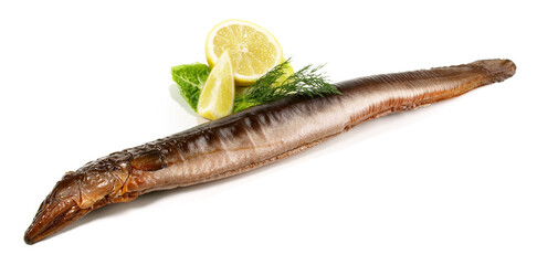 Smoked Eel - Whole Fish, isolated on white Background.