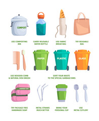 Nature care. Zero waste processes cleaning and recycle plastic garbage eco lifestyle environment pollution garish vector pictures templates
