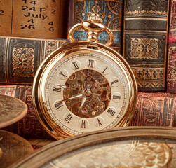 Vintage pocket watch. Vintage background Concept of time history.