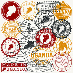 Uganda Set of Stamps. Travel Passport Stamps. Made In Product. Design Seals in Old Style Insignia. Icon Clip Art Vector Collection.
