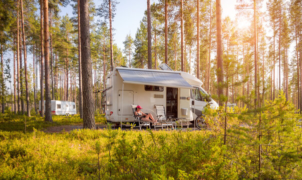 Family vacation travel RV, holiday trip in motorhome