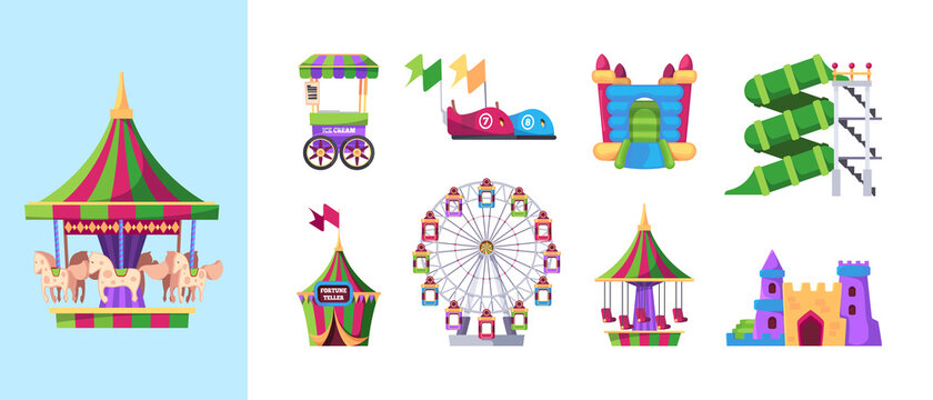 Attraction kids. Amusement park symbols children game machines carousel swing inflatable catapult wheel rides garish vector flat pictures collection