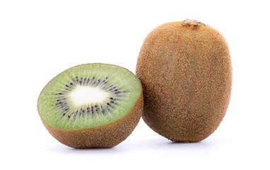 One whole kiwi and half cut on a white background, isolated