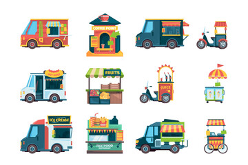 Local market. Coffee fast food ice cream places kiosk on wheels street outdoor market for urban park garish vector pictures in flat style