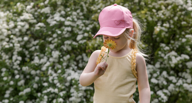 Portrait Of Cute Toddler Girl Smelling Flowers On A Sunny Summer Day In Park.