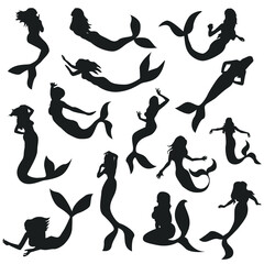 Mermaid Illustration Clip Art Design Scene. Fantasy Collection Silhouettes Icon Vector.