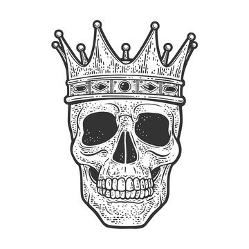 skull in crown sketch engraving vector illustration. T-shirt apparel print design. Scratch board imitation. Black and white hand drawn image.