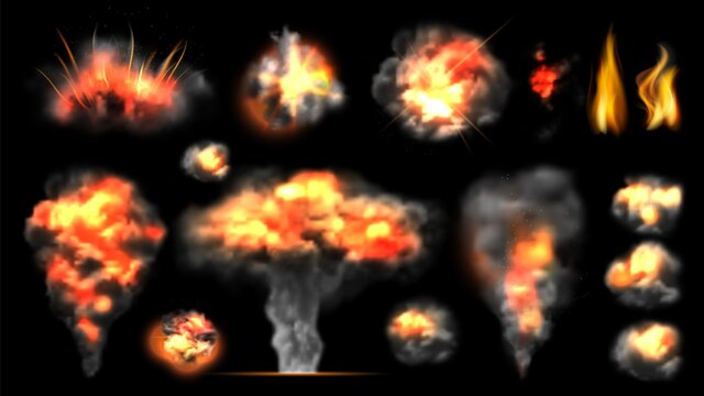 Realistic bomb explosion. Fire explosions effect, light and steam vector collection