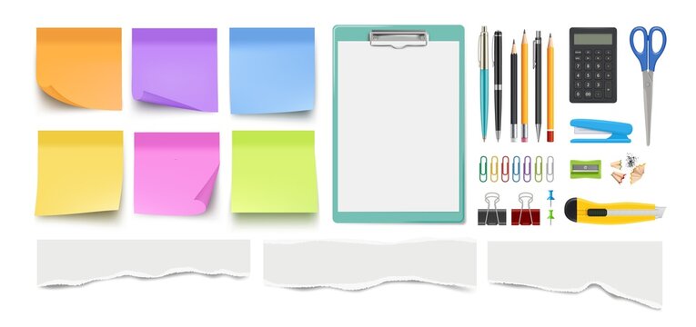 Stationery collection. Realistic pen pencil, notes sheets. Isolated scissors, paper clips and ripped edge pieces vector set
