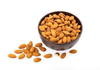 Almond nuts in a bowl on white background