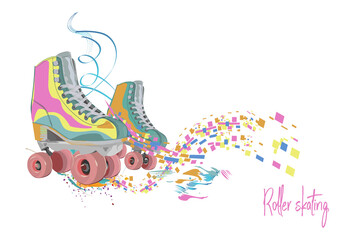 Blue roller skates decorated with roses on pink background. Sport poster. Hand drawn vector.