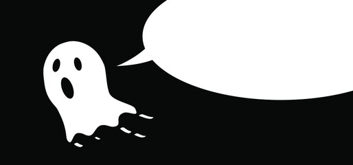 Flying baby ghost with speech bubble, for Happy halloween party on 31 october fest. Ghosts pictogram. Vector ghost sign. Cartoon fly spook seamless pattern. Zombie, monster, spooky, boo, scary symbol.