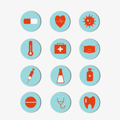 Medicine theme icons. Heart, teeth, syringe, pills. For site. Web