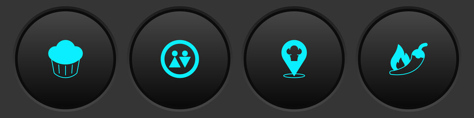 Set Cupcake, Toilet, Chef hat with location and Hot chili pepper pod icon. Vector