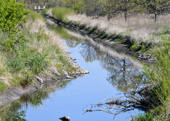 Reflections in the river under blue sky