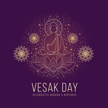 Vesak day - abstract line The Lord Buddha meditated on lotus sign and around with lotus flower and dot star light on purple background vector design