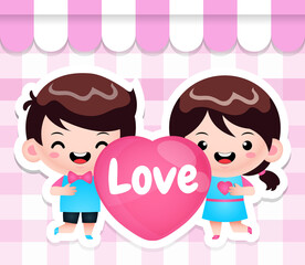 Illustration vector graphic of Cartoon Cute Chibi Kids Holding Heart Perfect for mascot, children book cover, children book illustrations, wallpaper, kid's brochure, puzzle, game illustration, game as