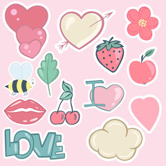 Set stickers. Vector. Isolated illustration flower cloud kissing strawberry and cherry. Various stripes in pastel colors. Hand drawing