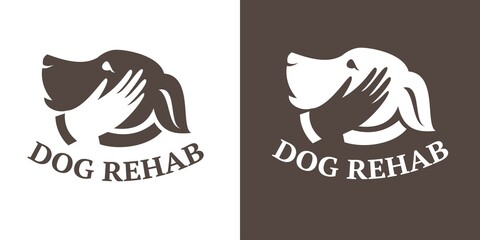 Vector filled dog rehabilitation center logo on isolated background. Dog shelter logo. Logo with the image of a dog's head and a gentle human hand