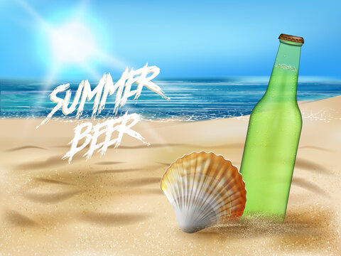 Realistic style green unlabelled bottle of refreshing lager or soda with seashell standing upright in the sand on a  beach under the hot rays of the summer sun. Blue sea background. Vector design