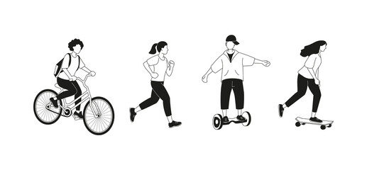 People go in for outdoor eco friendly sport activity: running, skateboarding, bicycling, hoverboard. Set of isolated black and white cartoon character icon in line art style.