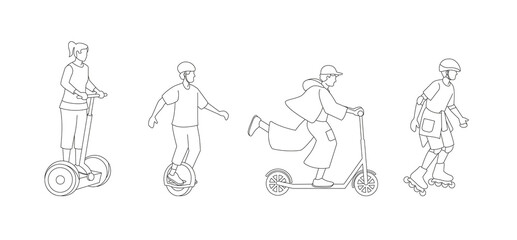 People go in for outdoor eco friendly sport activity: roller skating, electric scooter, monocycle, segway. Set of isolated  cartoon character icon in line art style.