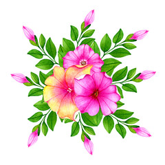 Obraz premium Beautiful floral bouquet with cute petunias flowers.buds and leaves.Watercolor hand drawn illustration.Isolated on white background.