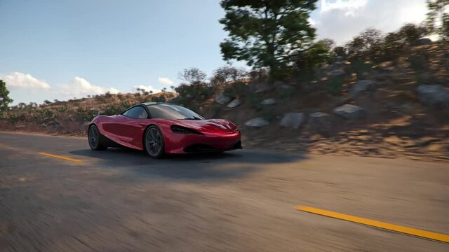 Red supercar going on Road. 3d seamless animation - slow