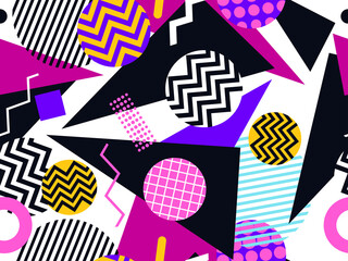80s geometric seamless pattern. Memphis style elements. Circles with zigzags and geometric shapes. Background for wrapping paper, advertising materials and fabrics. Vector illustration