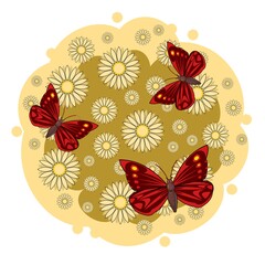 Red butterfly on an abstract background with flowers. Bright beautiful composition. Isolated object on white. Vector.
