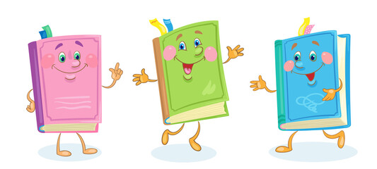 Three funny books in colorful covers with smiling faces. In cartoon style. Isolated on white background. Vector flat illustration