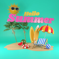 Hello Summer sale banner with 3d beach elements on the blue background.-3d rendering.