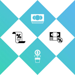 Set Finance document, Dollar plant, Stacks paper money cash and Money percent icon. Vector