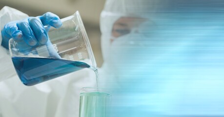 Composition of female scientist in lab using beaker with motion blur