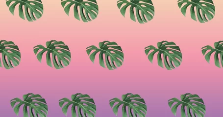 Raamstickers Tropische planten Illustration of rows of green leaves on pink background