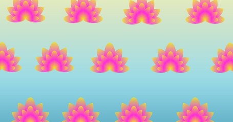 Illustration of rows of pink flowers on blue background