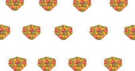 Illustration of rows of face masks with flower pattern on white background