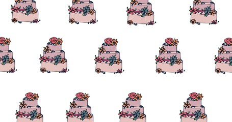 Illustration of rows of cakes with flowers on white background