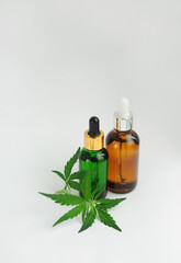 Marijuana products. Cannabis CBD weed oil isolated on white background. Recreational aromatherapy...