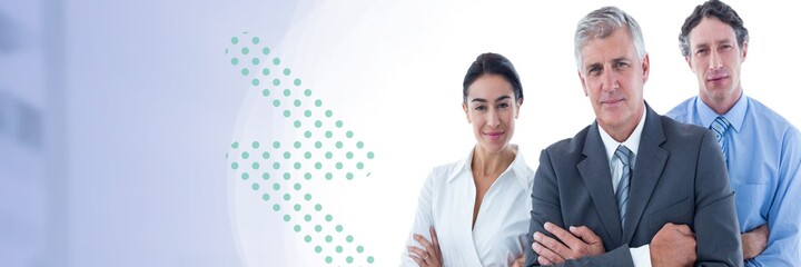 Several colleagues having smile and looking to the camera with digital background concept