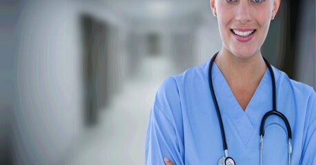 Composition of midsection of female surgeon in scrubs and stethoscope with copy space