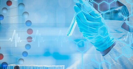 Composition of dna strand and medical data processing over scientist in ppe suit holding test tube
