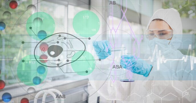Composition of dna strand and medical data processing over scientist in ppe suit holding test tube