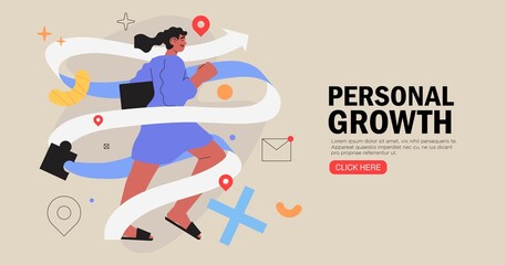 Business woman running on arrow through obstacles to her goal. Business developement, career success or growth and opportunity, startup concept banner, landing web page. Creative trendy character.