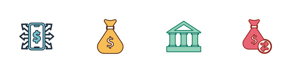 Set Smartphone with dollar, Money bag, Bank building and icon. Vector