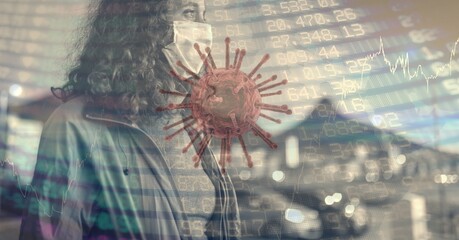 Composition of data processing and covid 19 cell over woman wearing face mask in city