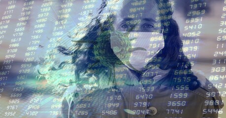 Composition of data processing and covid 19 cell over woman wearing face mask in city