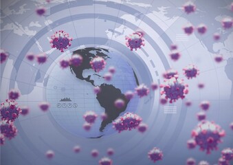 Obraz premium Corona virus cells floating over world map and globe, covid-19 and pandemic concepts