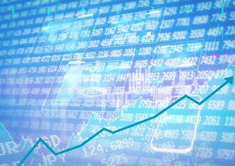 Stock market data processing and device icons over blue background, economy and technology concepts